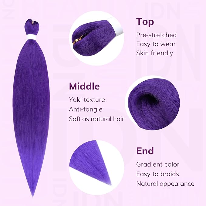 IDN BEAUTY Purple Braiding Hair 26 Inch Pre Stretched Synthetic Braiding Hair for Braids, 3 Packs Purple Rumi Hair Extensions for Stage Party Christmas Halloween Costume Cosplay