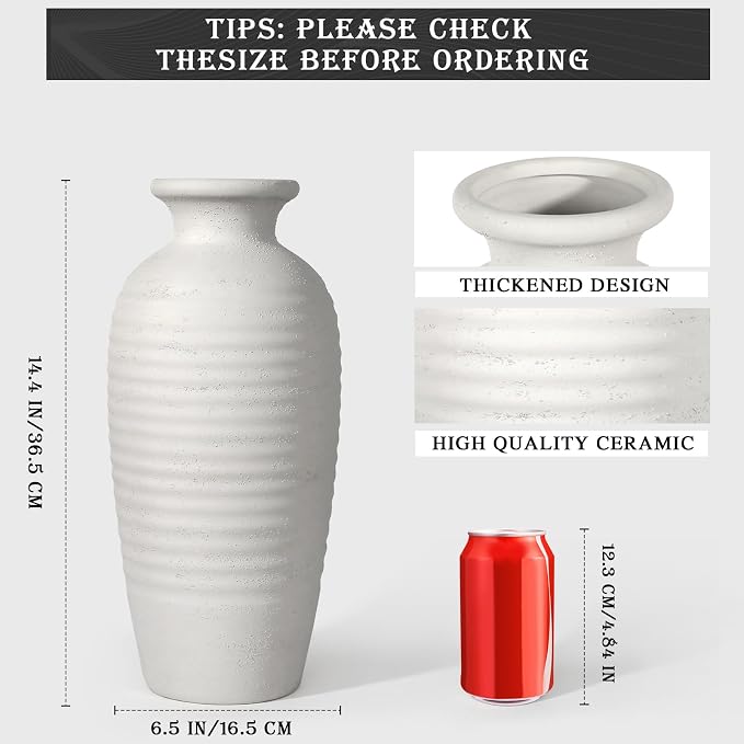 14.4" Vintage Tall Ceramic Vase, Farmhouse Modern Living Room Decor | Textured Surface Flower Vase for Home Decor,Large Ceramic vase Perfect for Living Room, Gift for Housewarming