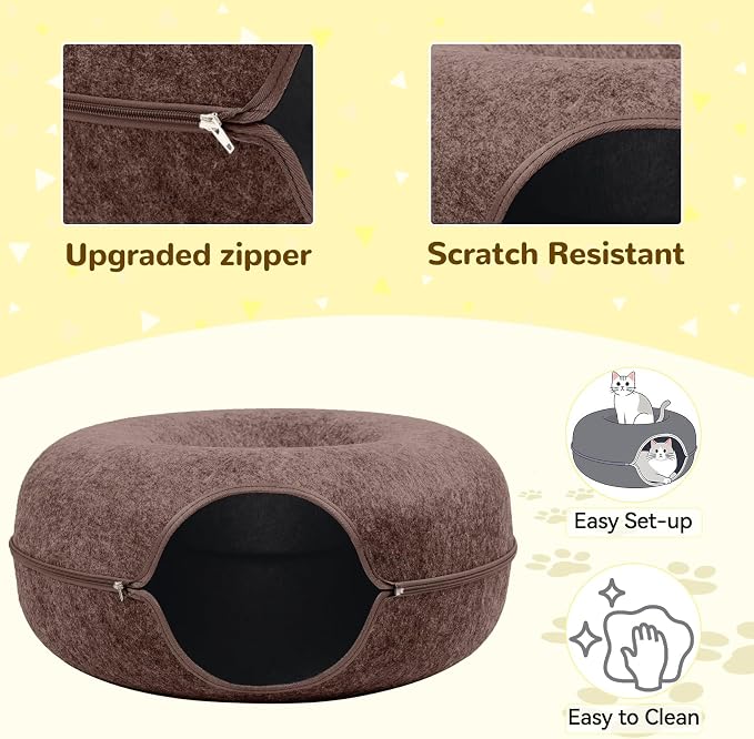 Cat Caves for Indoor Cats, Large Cat Tunnel for Multiple & Large Cats, Scratch Detachable Cave Bed, Kitten Donut Kitty Hideaway Up to 45 Lbs (Brown, Large, 2 Pack)