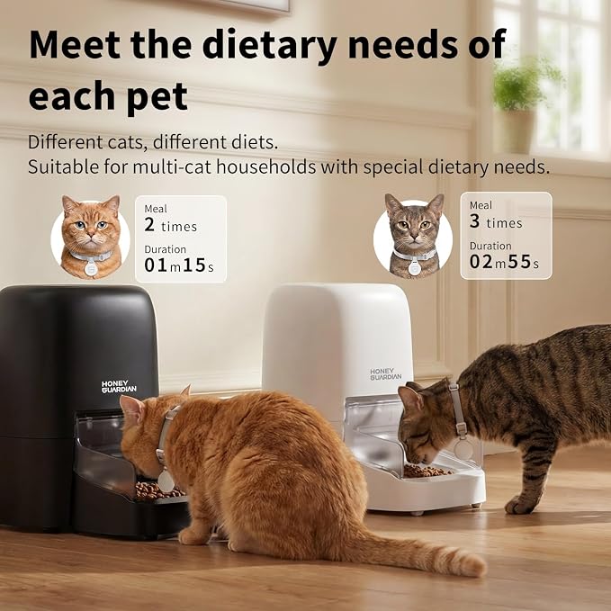 HoneyGuaridan RFID Automatic Cat Feeder with Collar Tag-Activated Personalized Meal, 5G WiFi APP Control Cat Food Dispenser with Diet Tracking and Anti-Theft for Multi Pet Home and Different Diet