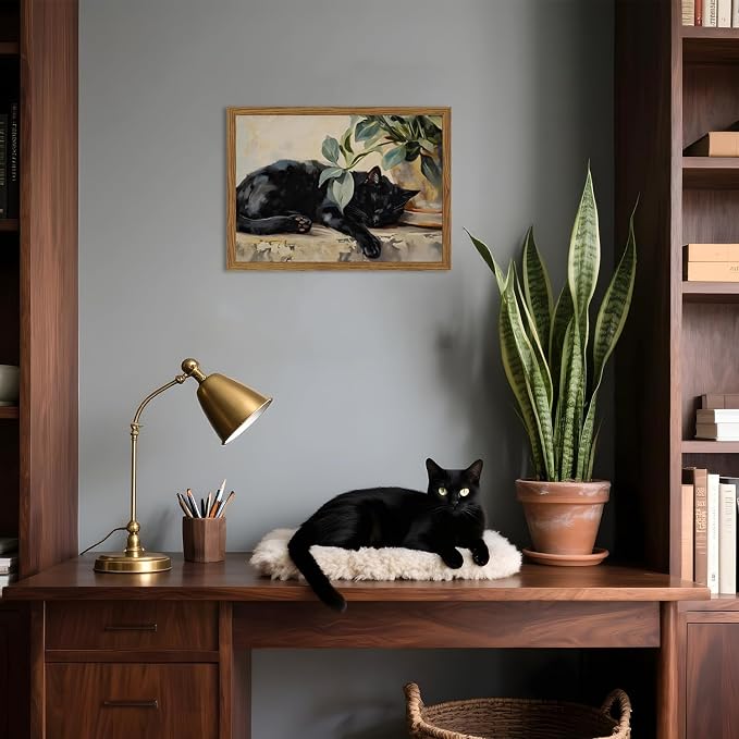 Framed Black Cat Canvas Wall Art, Vintage Sleeping Cat with Plant Picture Wall Decor Paintings, Cute Animal Poster Prints Rustic Aesthetic Home Decor for Living room Bedroom Bathroom 12x16 inch
