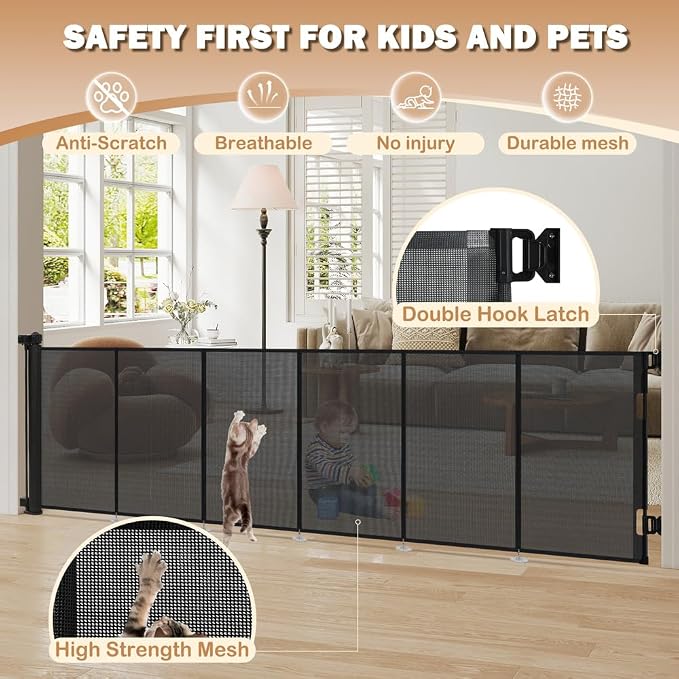 SMONTER Extra Wide Retractable Dog Gates, Mesh Baby Gate with Support Rods Extend to 118" Wide 33" Tall, Portable Safety Retractable Gate for Stairs, Indoor/Outdoor, Black