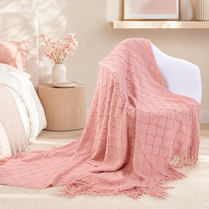 BATTILO HOME Blush Throw Blanket with Tassels, Pink Knit Blanket for Home Decor, Boho Style Textured Knitted Decorative Twin Blanket for Couch, Sofa &Bed, 52"x80"