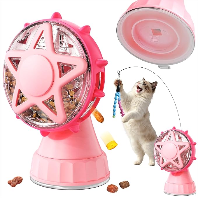 Interactive Cat Ferris Wheel Toy, Rotating Treat Dispenser Puzzle Slow Feeder with Strong Suction Cup, Foraging Anxiety Relief Exercise Toy for Indoor Cats & Kittens (Pink)