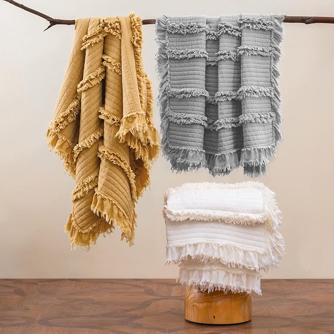 Ultra Soft Pre-Washed Warm Quilted Throw Blanket, Ruffle Fringed Cream Boho Decorative Throw, Stone Washed Chic Rustic Blanket for Sofa Couch Bed Chair, 50"x 60"