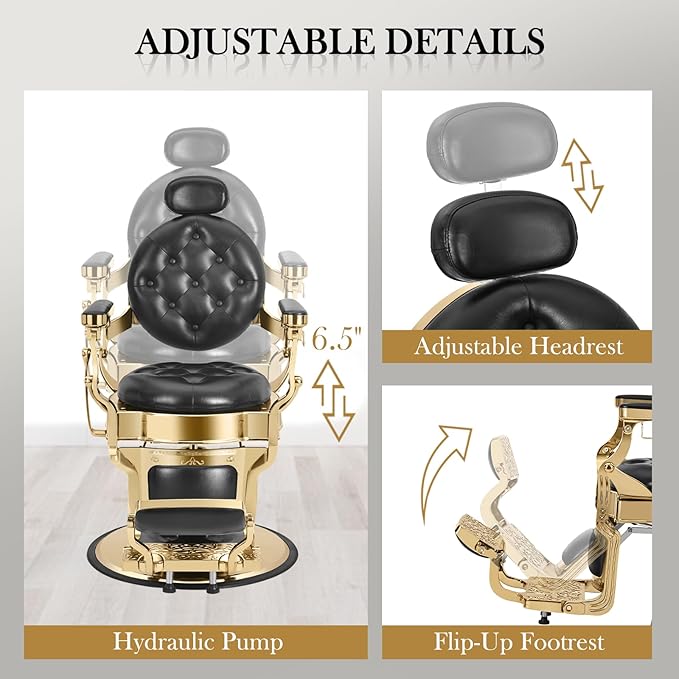 Vintage Barber Chair, Heavy Duty Recline Hair Barber Chair for Barbershop with Removable Headrest, Supports up to 550lbs & 360° Swivel, Professional Salon Beauty Spa Shampoo Equipment, Black Gold