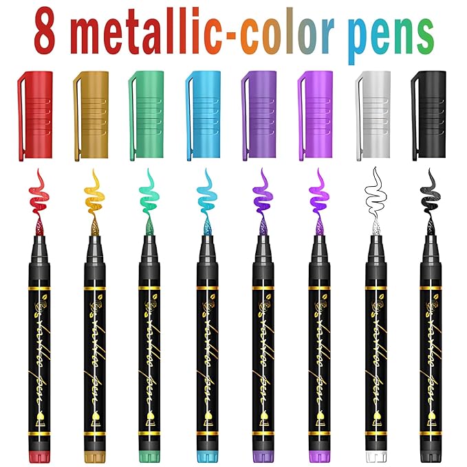 Christmas Temporary Tattoo Markers for Kids and Adults, 8 Metallic Markers and 165+ Temporary Tattoo Stencil Designs for Christmas, Cosmetic Tattoos Pens for Party Favor
