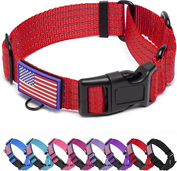 Martingale Dog Collar Reflective NO Pull with USA Flag, L,Red