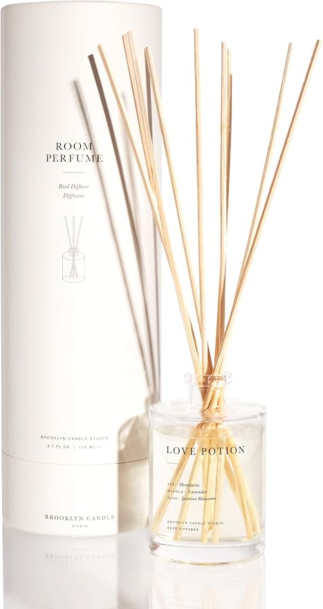 Brooklyn Candle Studio Reed Scent Diffuser - Love Potion - Relaxing Oil Diffuser, Jasmine, Lavender & Mandarin Fragrance, 8 Rattan Diffuser Reeds, Clean Ingredients - 3.7oz