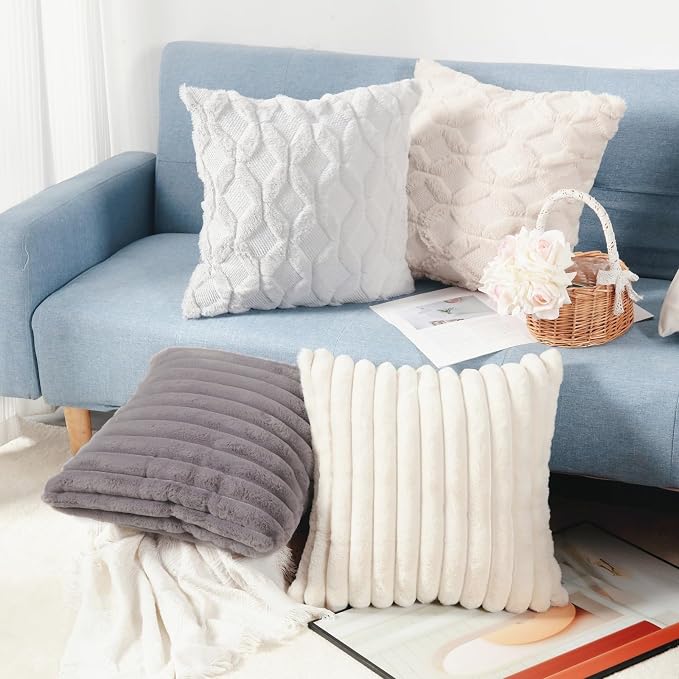 Decorative Throw Pillow with Inserts, Set of 2 Soft Faux Fur Throw Pillows, Square Boho Striped Pillow for Couch, Bed, Sofa Decor(Gray, 18" x 18")