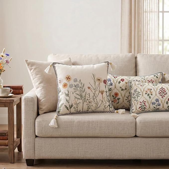 Designer Vintage Linen Throw Pillow Cover,18"x18"-Serenity D | French French Elegant Square Decor Pillow Cover,Concealed Zipper Design,Light Beige,Sofa,Bedroom,Living Room,Chairs
