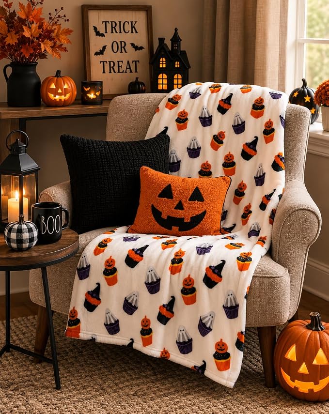 Halloween Ghost Fleece Throw Blanket, Cute Ghosts & Pumpkins, 50x60 | Ultra-soft cozy flannel fleece, for sofa bed couch chair & dorms, spooky Halloween décor, durable and machine washable.