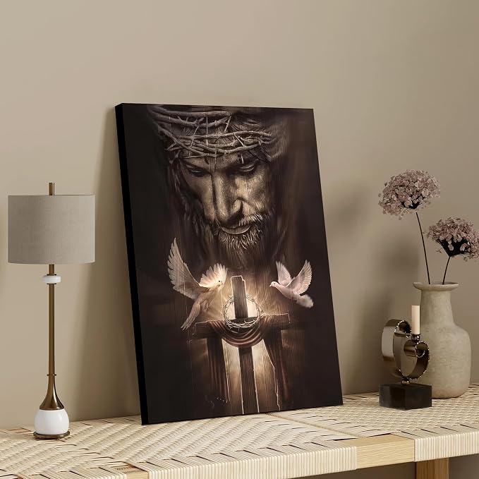 Fantasy Artists Framed Jesus Christ Canvas Wall Art The Cross and Peace Dove Christian Painting Prints Biblical Wall Decor Religious Room Decor for Church Prayer Room Schools Hospitals 12" x 16"