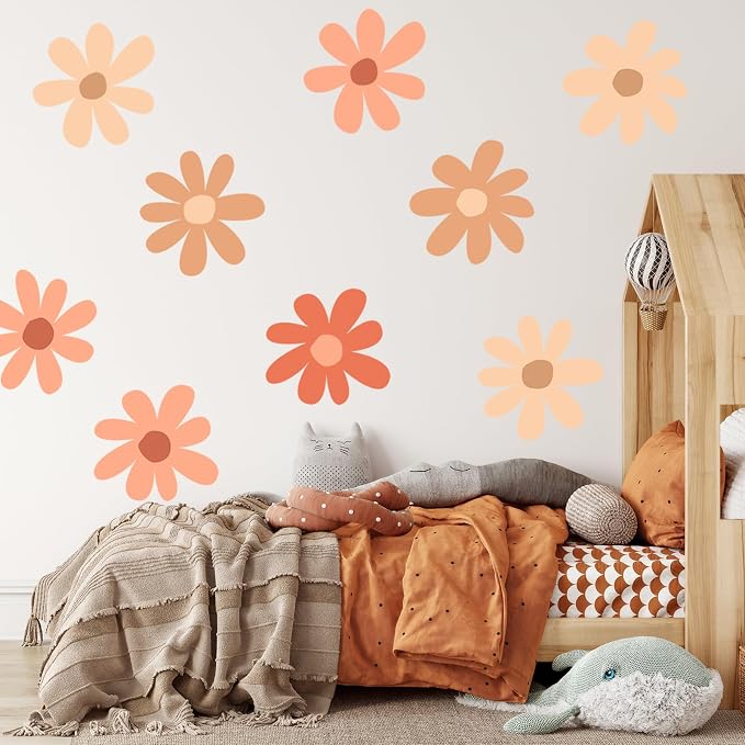 TaoBary 12 Sheet Daisy Wall Sticker Decal,Orange,Colorful Classic Style | Big Flower Wall Sticker, Pink White Floral Decal, Daisy Bedroom Room Decor, Removable Peel and Stick, Nursery Home Wall Decor