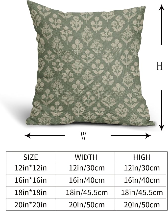 Sage Green Floral Block Print Pillow Covers 20x20 Inch Set of 2, Vintage Flower Pattern Decorative Throw Pillowcases Outdoor Farmhouse Cushion Covers Spring Summer Rustic Sofa Couch Bed Decor