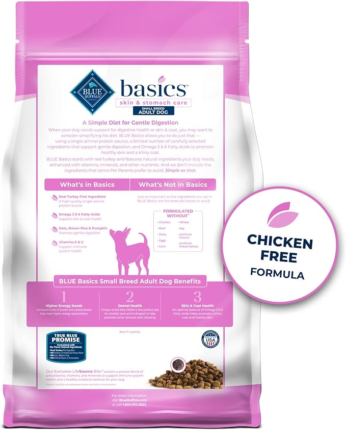 Blue Buffalo Basics Turkey Small Breed Adult Dry Dog Food, 11 lb | Skin & Stomach Care, Real Turkey #1 Ingredient, Limited Ingredient Diet, Antioxidant-Rich LifeSource Bits, High Energy Needs