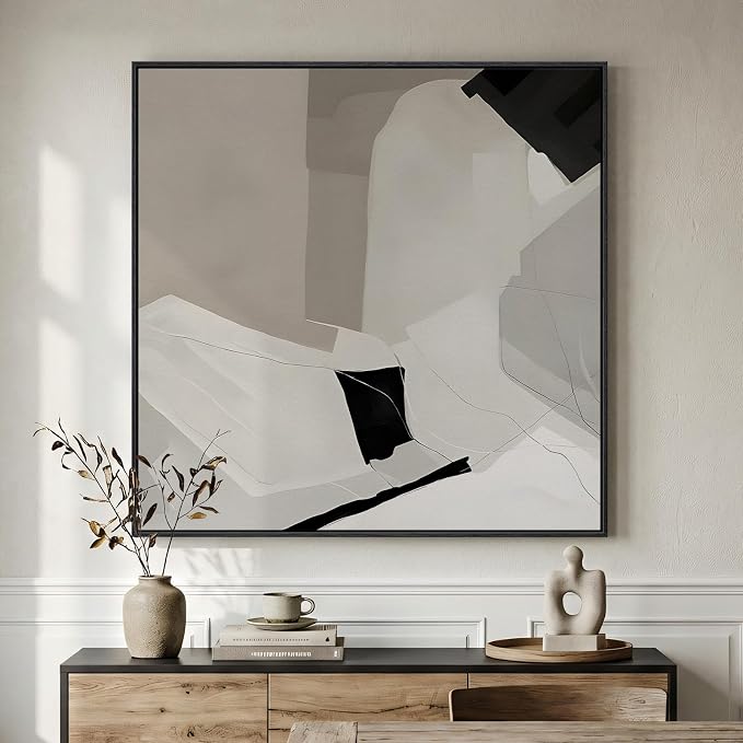 Extra Large Framed Black and White Abstract Wall Art for Living Room, Oversized Square Modern Canvas Prints Paintings, Neutral Minimalist Pictures for Hallway Dining Bedroom Office Wall Decor 40x40 In