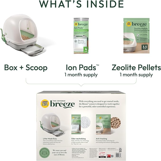 Purina Tidy Cats Breeze Covered Cat Litter Box System Kit | Hooded litter box with scoop, plus Zeolite pellets and cat litter pads, easy-to-use kit for odor control