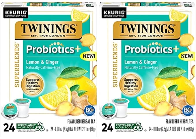 Twinings Probiotics Lemon & Ginger Herbal Tea, Supports Digestive Health, Single Serve K-Cup Pods for Keurig, Naturally Caffeine Free, 24 Count (Pack of 2)