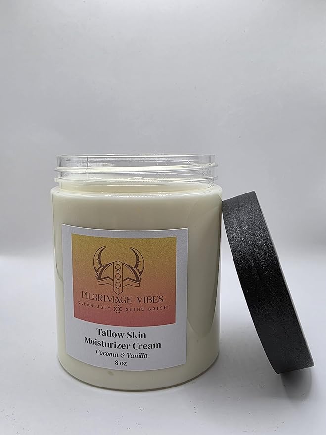 Tallow Skin Moisturizer Cream with Nourishing Oils Handmade Grass Fed Beef Tallow Cream 8oz (Coconut & Vanilla Scent)