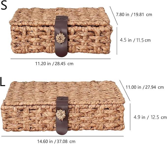 Wicker Storage Basket with Lid, 2-Piece Set Decorative Box with Lid, Water Hyacinth Woven Decorative Box for Shelf, Coffee Table, Console Table, Home Decor