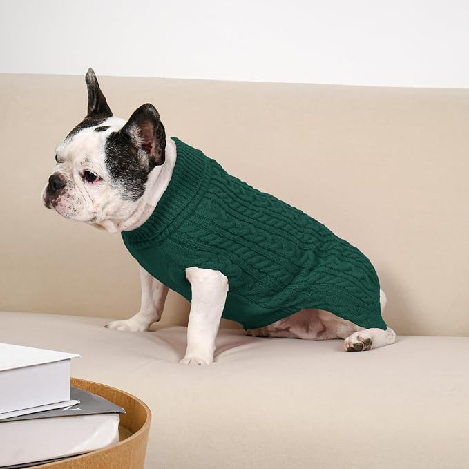 Dog Sweater 2 Pack for Medium Dogs, Green & Brown, Size L | Stretchy cable knit turtleneck, machine washable, high belly cut, comfy winter fit for French Bulldog