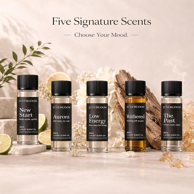 JustBloom Hotel Diffuser Oil Set, 5 Scents, 5 x 20 mL | Five hotel-inspired fragrance oil blends for waterless and cold-air diffusers, designed for home, office and all-season use.