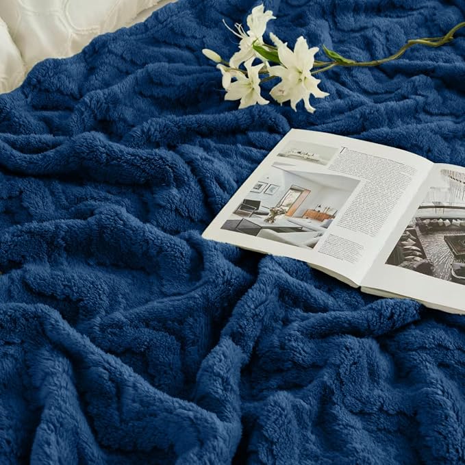 3 Layer Jacquard Throw Blanket - 50x70 Inch Soft Fleece with Wave Pattern, Navy Plush Cozy Blanket for Sofa, Couch, Bed & Chair, All Season Decorative Blanket for Living Room & Bedroom