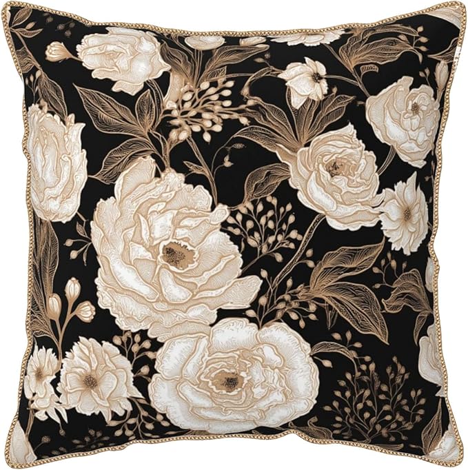 Vintage Peonies Roses Flower Velvet Pillow Covers 20x20 Inch Gold White Aesthetic Floral Leaves Throw Pillows For Couch Cushion Covers Pillowcase Farmhouse Pillow Cases for Sofa Bed Living Room
