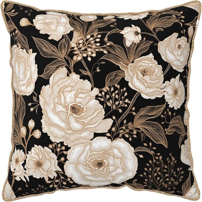 Vintage Peonies Roses Flower Velvet Pillow Covers 16x16 Inch Gold White Aesthetic Floral Leaves Throw Pillows For Couch Cushion Covers Pillowcase Farmhouse Pillow Cases for Sofa Bed Living Room