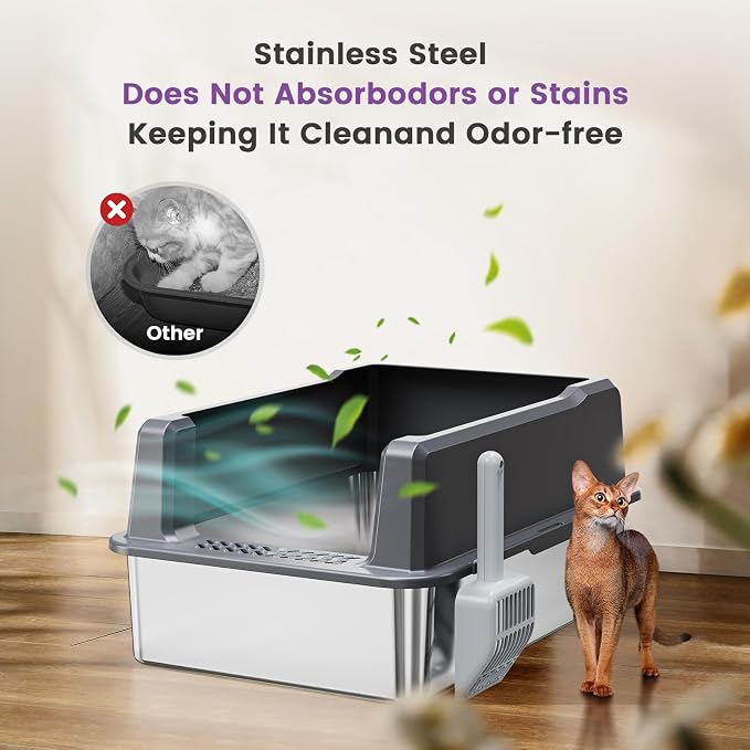 Extra Large XXL Stainless Steel Cat Litter Box with Lid, 26" L x 18" W x 12" H Metal Litter Box with High Sides for Big Cats & Multiple Cats, Never Absorbs Odors, Anti-Urine Leakage, Easy Cleaning