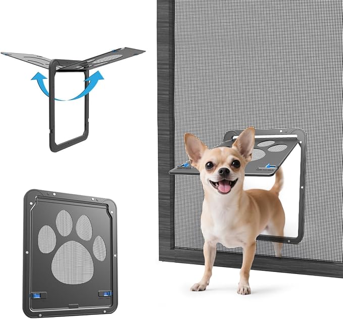 Small Dog Door for Screen Door, Cat Door 8"×10" Magnetic Flap Self-Closing, Pet Screen Door for Sliding Door, Puppy Doggy and Cat Door Built in Screen, Lockable, Black S