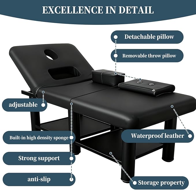 Stationary Massage Table with Storage Space & Backrest, Alloy Steel Frame Massage Bed PU Leather with Open-Chest, Adjustable Spa Facial Bed for Treatment Physical Therapy Table & Salon Equipment
