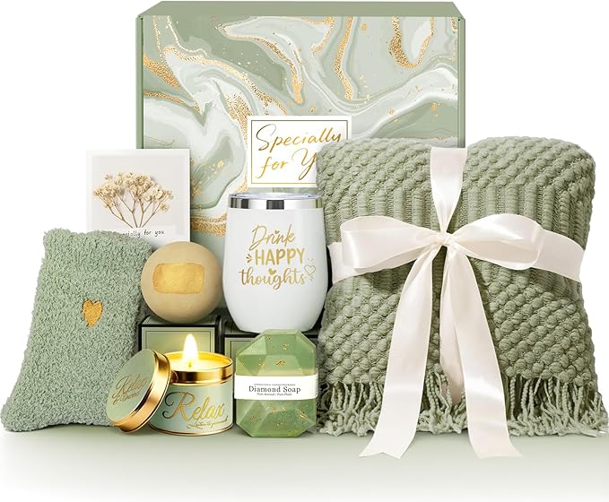 Birthday Gifts for Women Mom Wife Grandma Best Friend Daughter Sister Her | Get Well Soon Self Care Package, Christmas Sympathy Thank You Relaxing Spa Gift Basket w/ Fringed Blanket