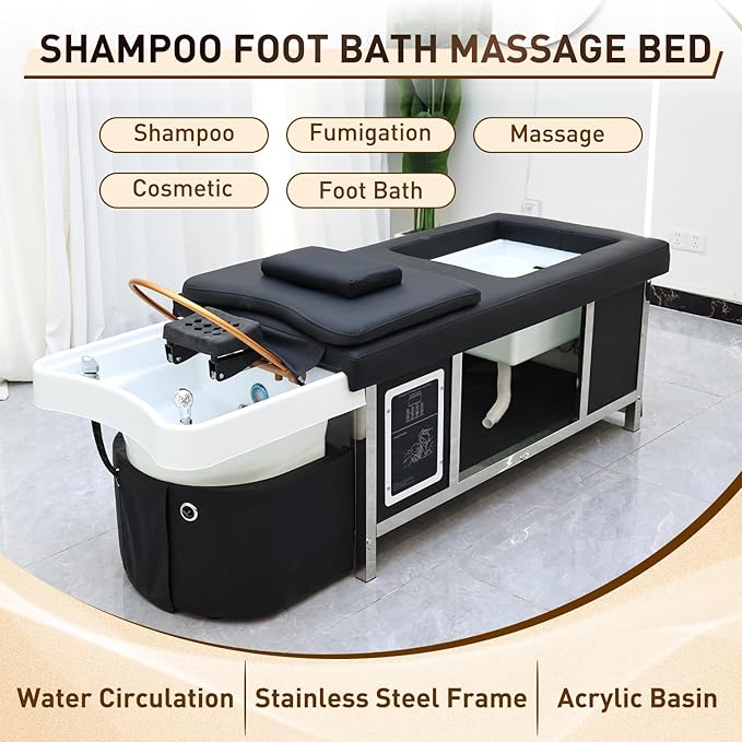 Head Spa Bed, Massage Table with Footbath, Japanese Head/Feet SPA Equipment, Professional Massage Shampoo Bed with Foot Bath Basin, Water Circulation System, for Spa Beauty Salon Barber