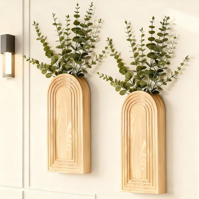 2 Pack Wooden Wall Vase Set, Boho Hanging Planter for Indoor Plants & Flowers, Wood Wall-Mounted Planters for Living Room, Modern Farmhouse Entryway or Bathroom, Rustic Art for Home (Brown)