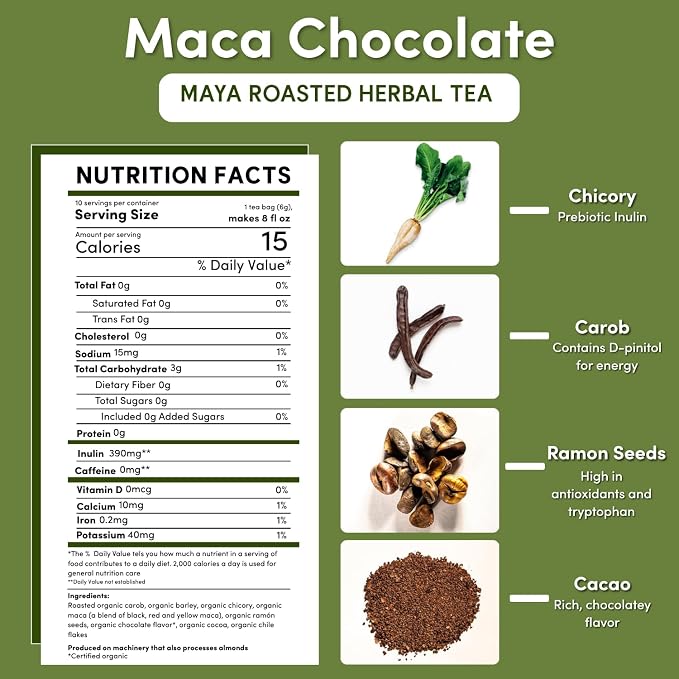 Teeccino Herbal Tea – Maca Chocolaté – 10 Tea Bags - Adaptogenic Peruvian Maca, Cacao, Chicory, Prebiotic, Caffeine Free, Acid Free, Coffee Alternative, (Pack of 4)