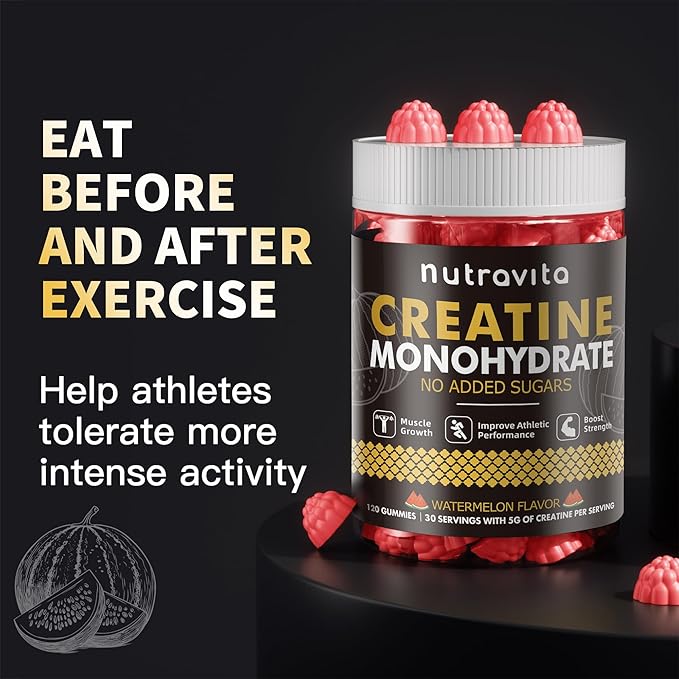 Nutravita Creatine Monohydrate Gummies for Men & Women, Creatine Monohydrate for Muscle Strength, Muscle Builder, Energy Boost, Pre-Workout Supplement(120 Count)-Watermelon Flavor