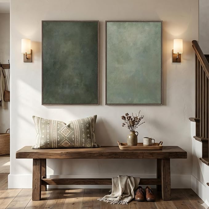 Large Framed Green Abstract Wall Art Set of 2, Modern Sage Green Canvas Prints Paintings Artwork for Walls, Minimalist Pictures for Living Room Dining Room Bedroom Office Wall Decor 24x36 In