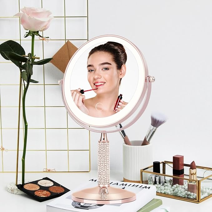 Senshuerjie 7" Rose Gold Glitter Diamond Rhinestone Makeup Mirror,360°Rotate Round Tabletop Vanity Mirror Double Sided 1X/10X HD Undistorted Magnifying Mirror,Portable Vanity Women Gift (Rose Gold)