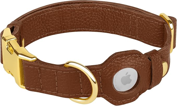 Leather Airtag Dog Collar - Soft Tracking Dog Collar with Apple AirTag Holder and Metal Buckle - Safety GPS Pet Collars for Small Medium Large Dogs Puppy Pink Red (Brown, XS, 9"-12" Neck Fit)