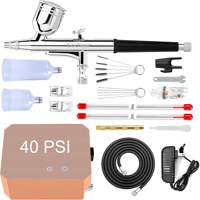 Gocheer Airbrush Kit with Air Compressor, 40 48 PSI High Pressure Air Brush Non-Clogging with 0.2/0.3/0.5mm Nozzle/Cleaning Sets, Ideal for Painting, Modeling, Cake Decor, Makeup (Gold, 40 PSI)