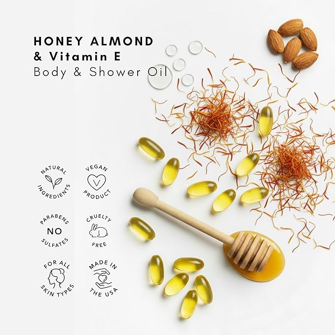 Olivia Care Nourishing Honey Almond Body Oil with Vitamin E: In-Shower Bliss for All Skin Types - 8 Fl Oz. (Honey Almond and Vitamin E)