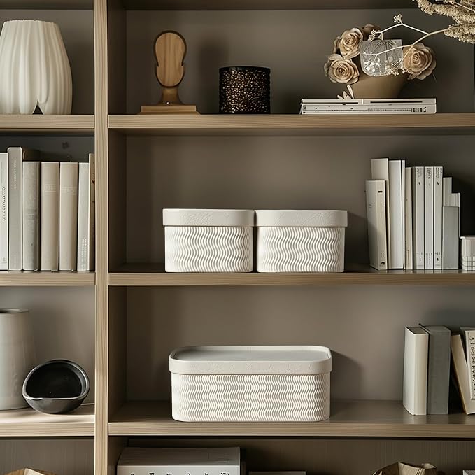 LA JOLIE MUSE Decorative Storage Boxes with Lids Faux Leather, White 3 Pack | Vegan Leather Lids, Fluted Cardboard Storage Basket, Organizer for Jewelry, Shelves, Bedroom & Closet Storage Memory Box