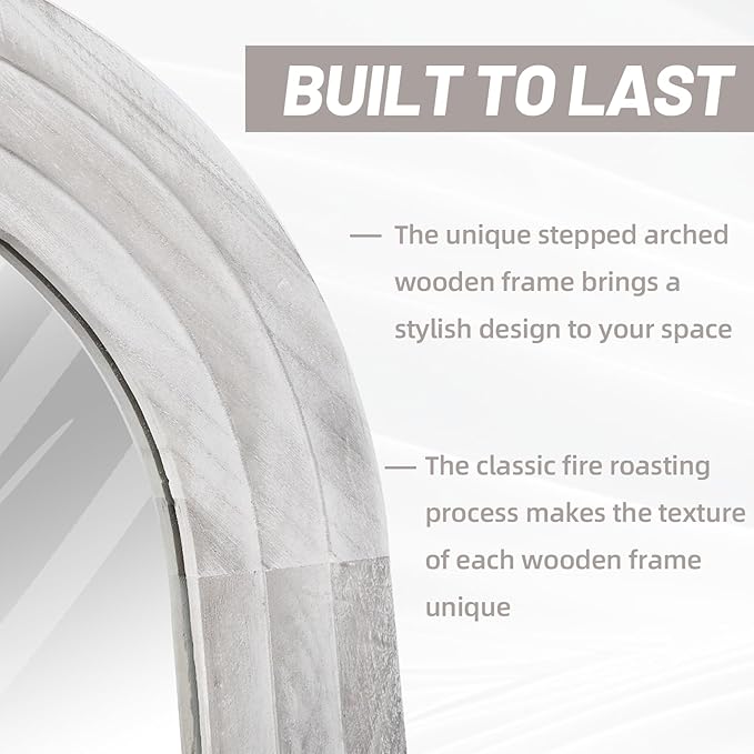 ZHUNFA Arched Full Length Mirror with Solid Wood Frame | 71x32 Farmhouse Wall Mirror Full Length with Stand, Vertical Hanging, Leaning Standing for Bedroom, Living Room, Rustic White