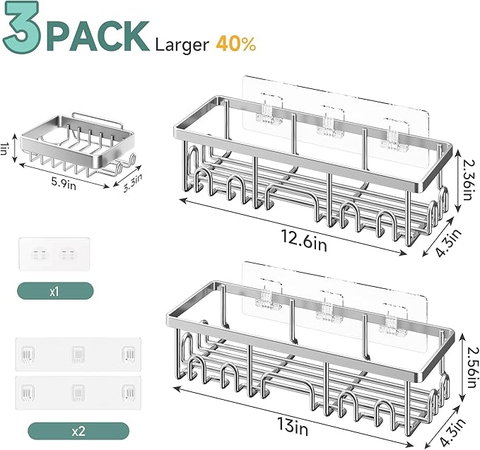 Veken Shower Caddy 3-Pack, Advanced Rustproof Design, No Drilling Adhesive Shelves, Rack with Soap Holder, Large Capacity Bathroom Organizers and Storage, Wall-Mounted Kitchen & Home Decor