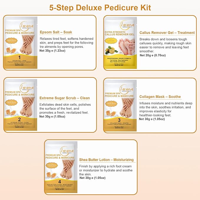 Epsom Salt Soak, Callus Remover Gel, Extreme Sugar Scrub, Collagen Mask & Shea Butter Lotion – Professional Spa Foot Care System 5 Step Luxury Pedicure Kit. Milk & Honey 03 Set