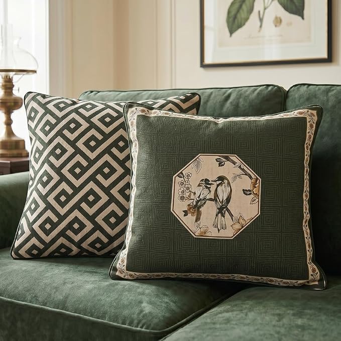 Vintage Linen Square Throw Pillow Cover,Set of 2,18"x18"-Murad E | Designer French Green Pillow Cover,Concealed Zipper Design,Floral and Bird Pattern,Sofa,Bedroom,Living Room,Lounge Chairs
