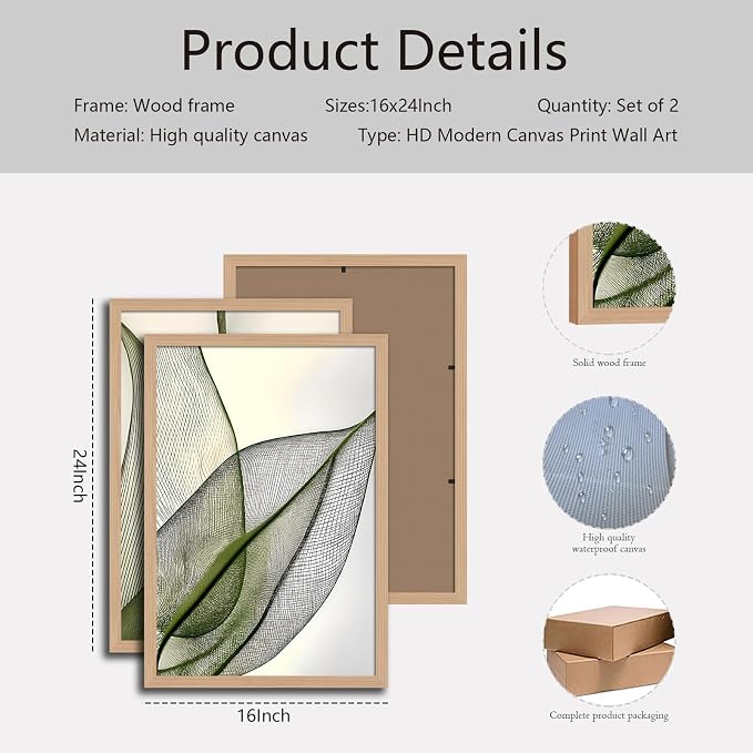 Green Leaf Wall Art Set of 2, Boho Botanical Framed Canvas Prints | Minimalist Botanical Plant Prints, for Living Room Bedroom Office 16x24 Inch