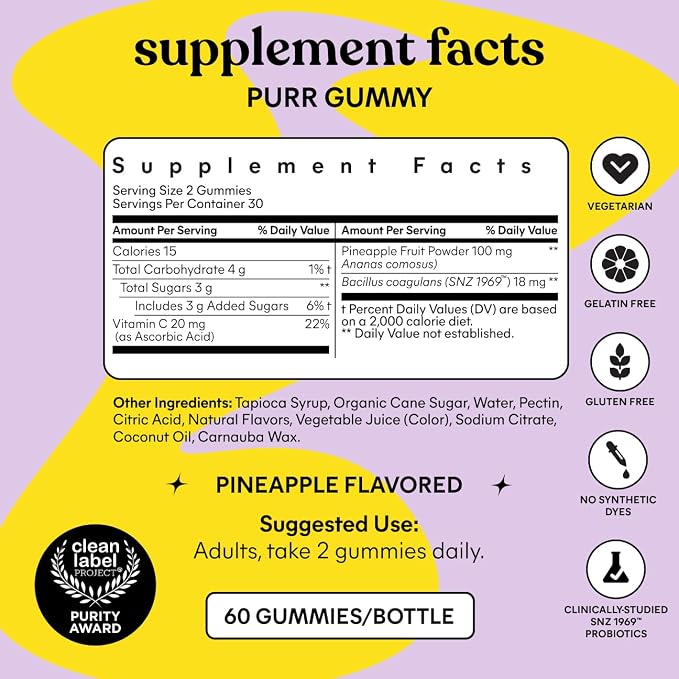 Lemme Purr Vaginal Probiotic Gummies for Women - Balanced pH, Healthy Odor, Yeast Balance & Flora Support + Vitamin C for Immune Health - Tasty Pineapple (60 Count) (Pack of 2)
